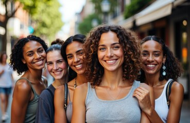 Fototapeta premium Smiling women walking together outdoors on a sunny day in an urban setting