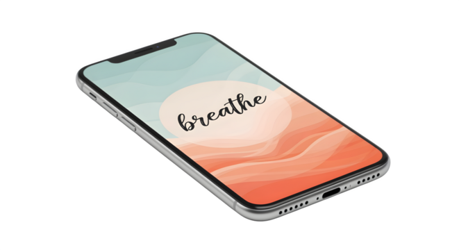Phone wallpaper preview with “breathe” affirmation, isolated on white background