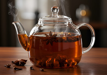 Herbal Tea Brewing in Transparent Teapot with Cloves and Star Anise