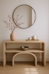 Minimalist Interior Scene Featuring a Wooden Console Table with a Mirror, Vase of Cherry Blossoms, and Tea Set