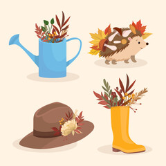 Autumn composition Fall Rust leaves in footwear and water can Hedgedog with mushrooms