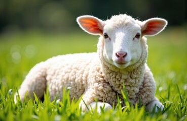 Fototapeta premium A young sheep lying on green grass in a sunny outdoor setting