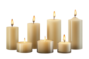 Set of seven glowing candles arranged in different heights, showcasing warm light against a transparent background for a calming atmosphere