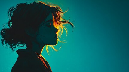 Stylized profile of a woman with flowing hair illuminated by golden light against a teal background