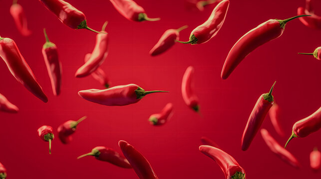 Red chili peppers floating across a vivid scarlet background