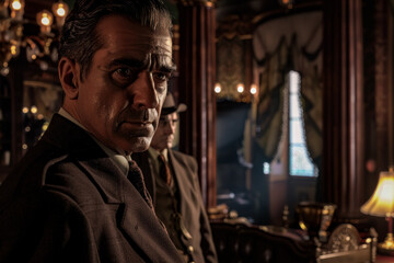 Obraz premium In realistic 3D, a detective in timeless clothing examines evidence with precision, the softly aglow behind him.