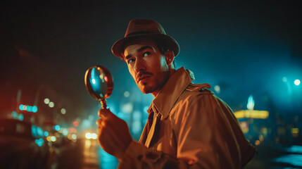 In realistic 3D, a detective in timeless clothing examines evidence with precision, the softly aglow behind him.