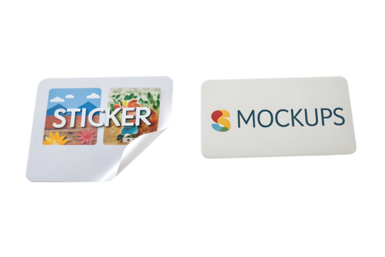 Two white stickers showcasing colorful designs and the word mockups on a white background space created with generated ai