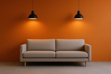 Modern Beige Sofa Centered Against Vibrant Orange Wall with Pendant Lighting Showcasing Warm Ambiance