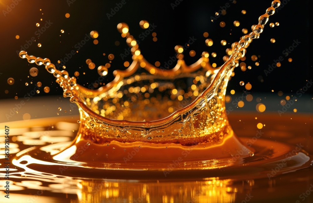 Aufkleber splash of golden liquid creating dynamic movement with droplets and reflections