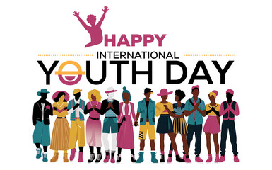 Silhouettes of diverse figures in colorful outfits stand together against a black background. Above them, a pink figure jumps with HAPPY Inernational Youth Day text.
