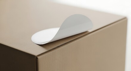 Close up of a cardboard box with a white round sticker partially peeled off indicating opening or removal in clean studio lighting