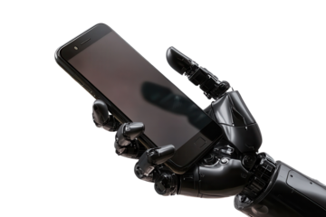 Robot hand securely holding a smartphone against a plain background emphasizing technology and automation in modern communication