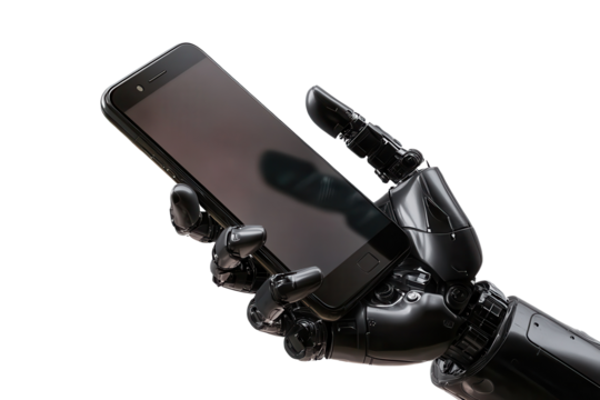 Robot hand securely holding a smartphone against a plain background emphasizing technology and automation in modern communication