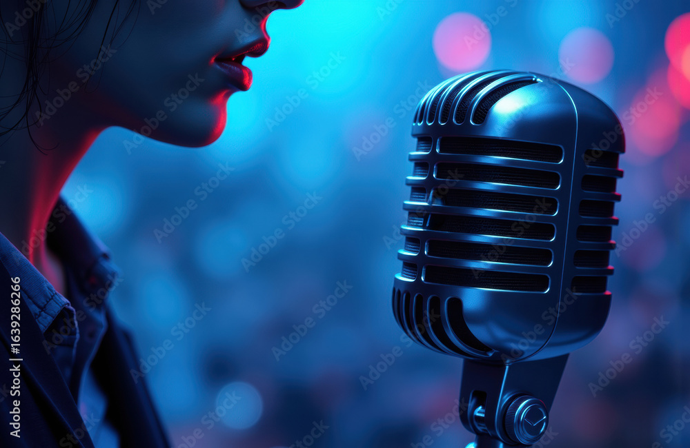 Aufkleber woman singing into vintage microphone in a dimly lit setting with colorful bokeh lights creating a v