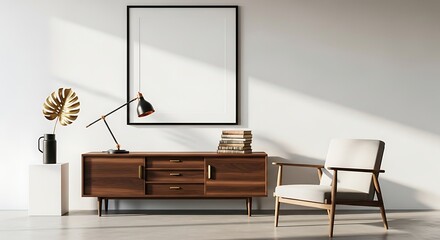Minimalist Interior Design with Modern Furniture Decorative Plant Lamp Books and Blank Picture Frame on the Wall