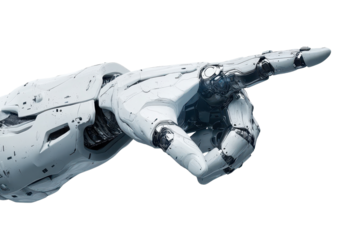 Cyborg robotic hand points with precision, showcasing advanced technology and design in a futuristic setting