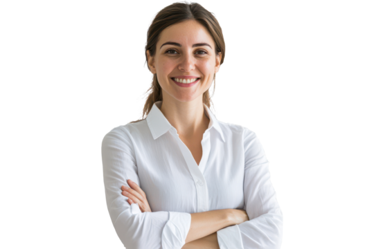 Friendly teacher smiling with arms crossed in a classroom setting fostering a welcoming learning environment for students during class hours