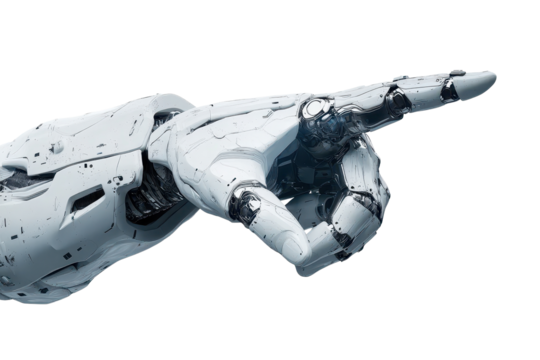 Cyborg robotic hand points with precision, showcasing advanced technology and design in a futuristic setting