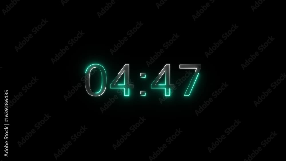 Poster stopwatch digital countdown.neon five minute digital timer animation. five minute to 0 second animat