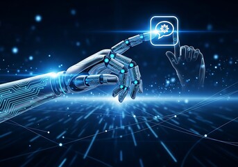 Futuristic robotic hand interacting with digital interface highlighting artificial intelligence and machine learning capabilities and next generation tech innovations