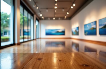 A spacious art gallery with wooden flooring and large windows showcasing artwork on white walls