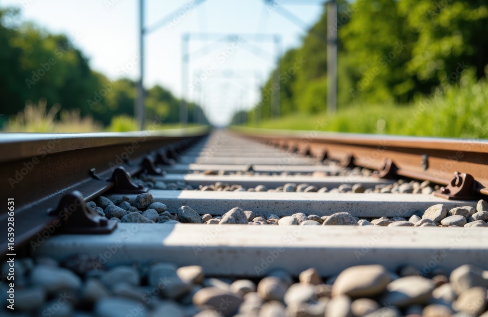Poster a close-up view of railway tracks extending into the distance with green trees and blue sky in the b