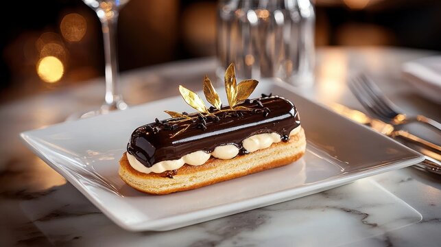French eclair dessert with shiny chocolate ganache and edible gold leaf decoration on white plate marble surface crystal stemware backdrop upscale restaurant presentation premium patisserie luxury tr