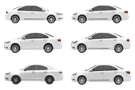 Collection of white sedans showcasing various angles and designs in a studio setting with clean backgrounds