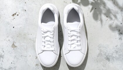 Minimalist composition of white casual sneakers from an overhead view on a textured concrete surface with natural light and shadow.