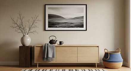 Serene Interior Design with Minimalist Aesthetic Wooden Cabinet and Landscape Photography Creating a Peaceful Atmosphere and Cozy Home Decor