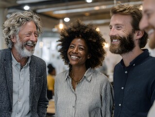 Fototapeta premium Diverse group of happy professionals enjoy conversation in a relaxed and modern open office environment.