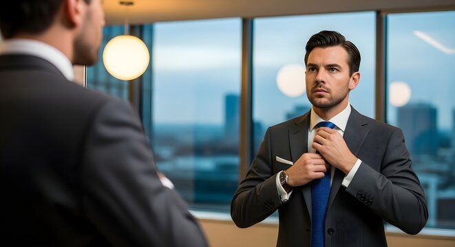 Businessman adjusting his tie in front of a mirror, reflecting another man in a suit. - Powered by Adobe