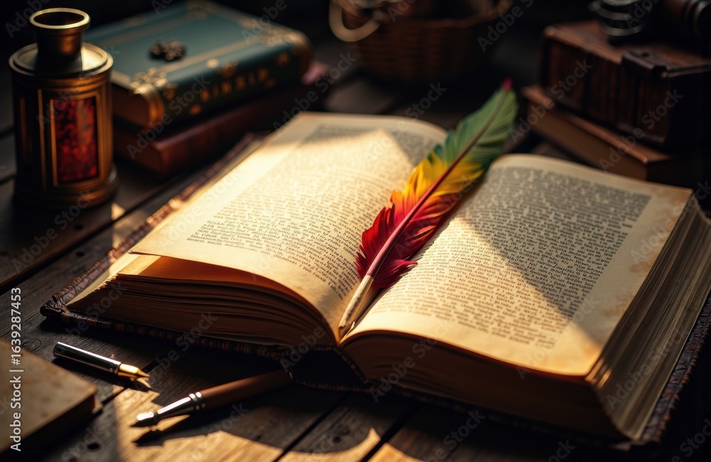 Poster an open book with a colorful feather quill resting on its pages in a cozy, vintage-style study setti