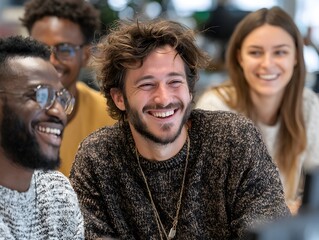 A diverse group of smiling young professionals are collaborating in a modern and relaxed office environment.