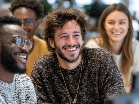 A diverse group of smiling young professionals are collaborating in a modern and relaxed office environment.