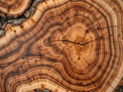 Close up of tree trunk showing growth rings and cracks