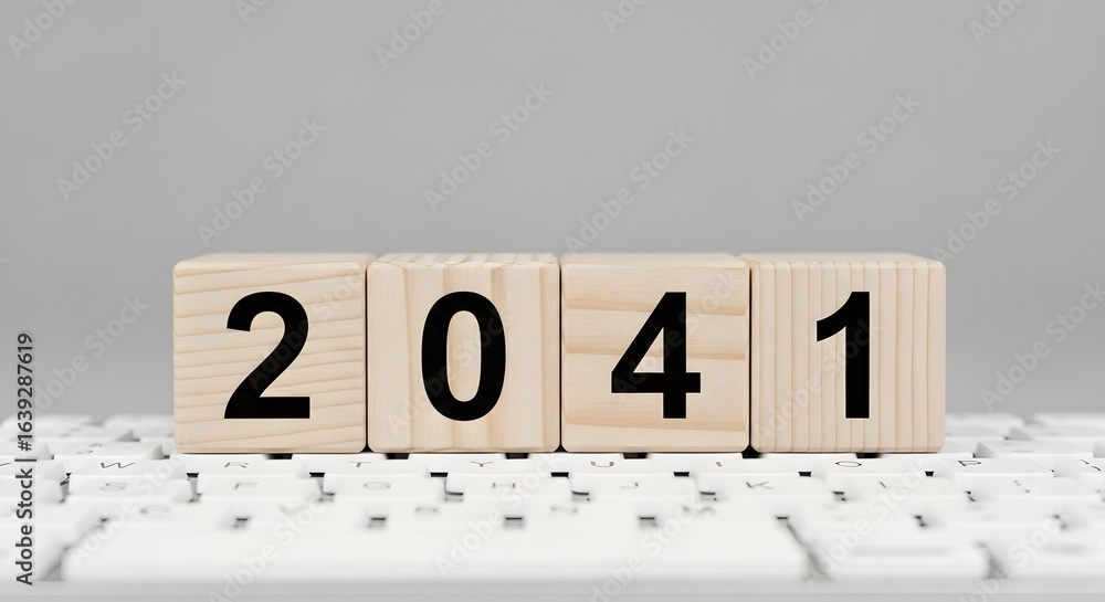 Poster year forecast concept showing wooden blocks with number for year twenty forty one on keyboard
