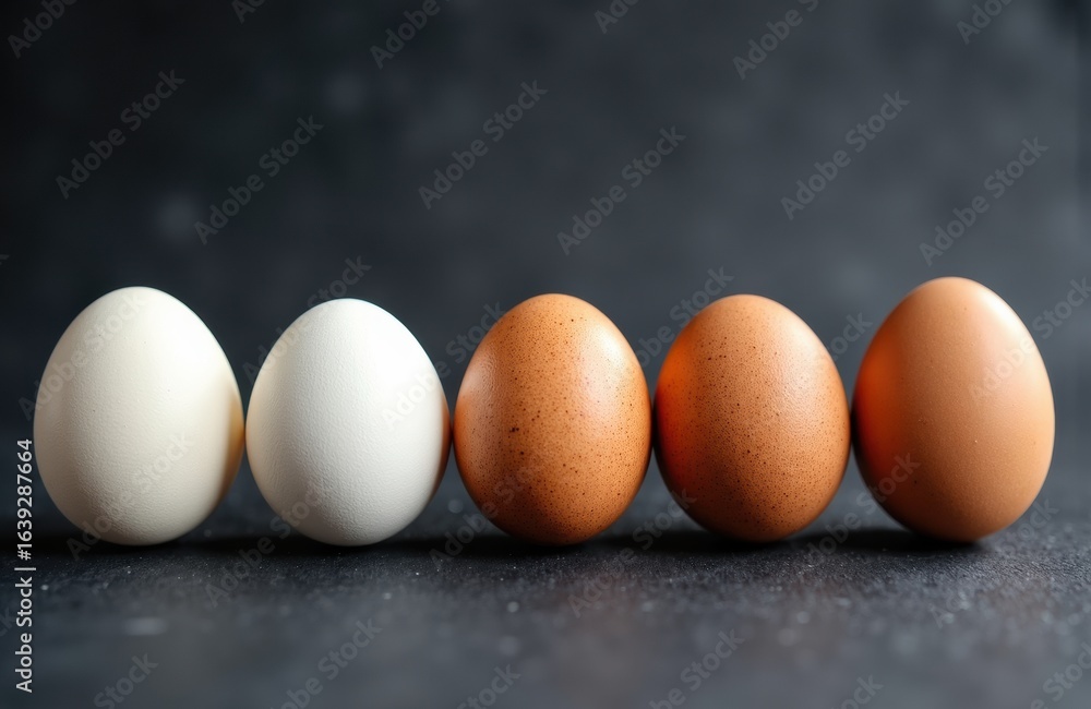 Aufkleber five eggs arranged in a row on a dark surface with a blurred background