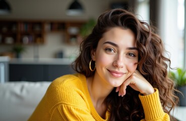 Woman with curly hair smiling in a cozy indoor setting wearing a yellow sweater