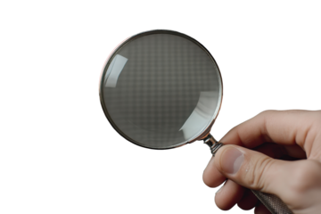 Hand holding a magnifying glass for close examination, showcasing details in a textured background while emphasizing curiosity and observation