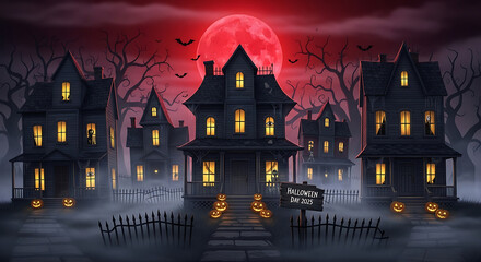 A spooky halloween night scene with haunted houses and a large red moon in the background sky