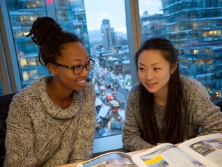 Two college students enjoy a study session by the window with city views while smiling and collaborating.