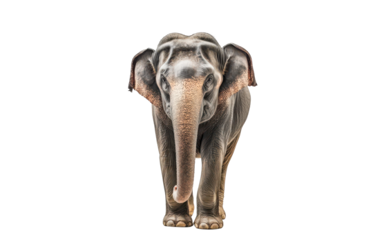 Elephant stands in a minimalistic setting showcasing its majestic presence against a white background emphasizing its features and texture accurately