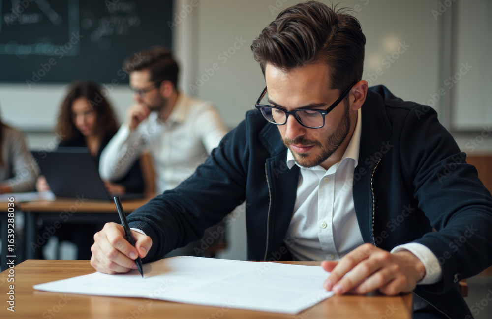 Poster Man studying or taking notes in a classroom or seminar setting with other students in the background