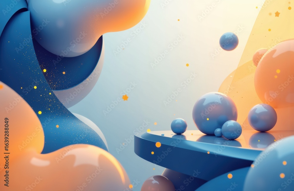 Poster colorful abstract shapes with smooth surfaces and floating spheres creating a modern digital design