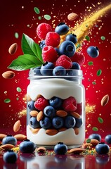 Ultra-realistic digital illustration of a glass jar filled with creamy yogurt, fresh berries, almonds, green leaves, surrounded by flying fruit, nuts, and colorful powder, vibrant red background