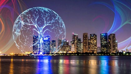 Futuristic smart city with a glowing digital tree symbolizing sustainable innovation and global connectivity.