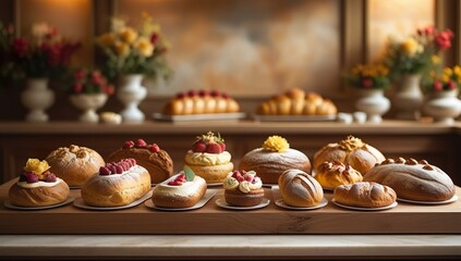 Luxurious bakery scene featuring fresh artisan bread and pastries on a wooden counter, soft golden light, elegant floral accents, ideal for café menu design, bakery promotions, and food branding.