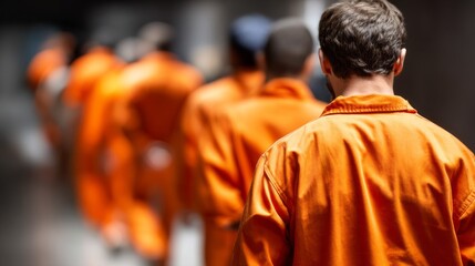 Group of prisoners wearing orange uniforms walking in a corridor during a facility transfer